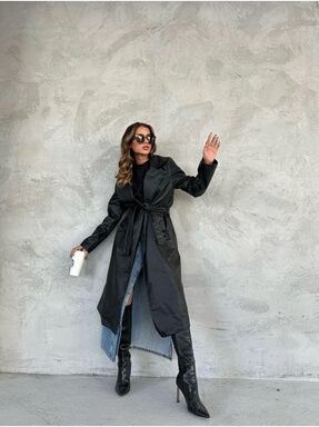 Vess Moda Vegan Kuşaklı Deri Trençkot Pardesü Kahve görsel 2