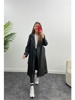 Vess Moda Vegan Kuşaklı Deri Trençkot Pardesü Kahve görsel 4