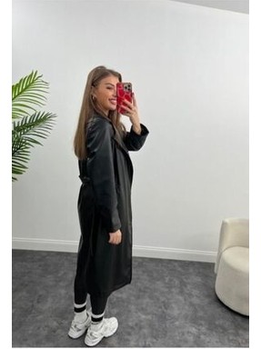 Vess Moda Vegan Kuşaklı Deri Trençkot Pardesü Kahve görsel 5