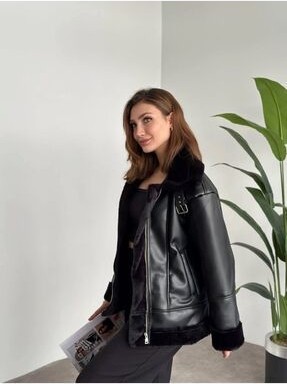 Vess Moda Kadın Parlak Deri, Içi Ipek Kürklü Siyah Mont görsel 3