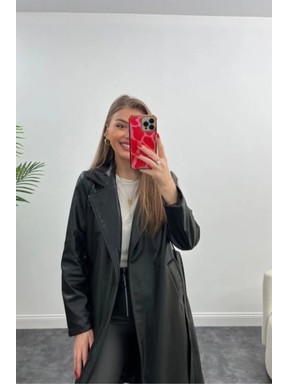 Vess Moda Vegan Kuşaklı Deri Trençkot Pardesü Kahve görsel 8