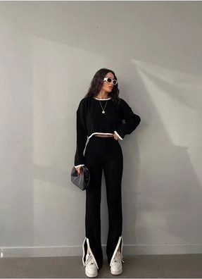 Belirtilmemiş Siyah Oversize Yırtmaç Detaylı Bisiklet Yaka Triko Alt-Üst Takım