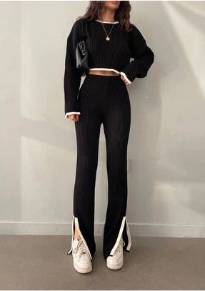 Belirtilmemiş Siyah Oversize Yırtmaç Detaylı Bisiklet Yaka Triko Alt-Üst Takım görsel 2