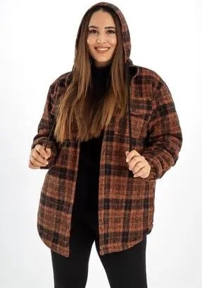 Roxxlen Kadın Kapüşonlu Ekose Kaban Kiremit Polyester Büyük Beden Casual Stil görsel 2
