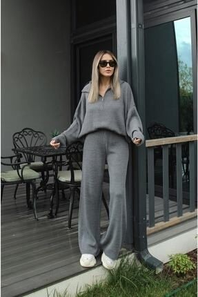 Belirtilmemiş Genel Markalar Örgü Detaylı Oversize Kazak Pantolon Triko Alt-Üst Takım görsel 7