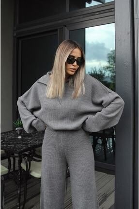 Belirtilmemiş Genel Markalar Örgü Detaylı Oversize Kazak Pantolon Triko Alt-Üst Takım görsel 8