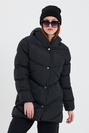 Önder Moda Kadın Siyah Su ve Rüzgar Geçirmez Kapişonlu Kışlık Şişme Mont & Kaban & Parka - 03 görsel 4