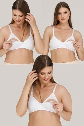 Parlingerie 3'lü Beyaz Emzirme Sütyeni Organik Yumuşak Dokulu Çizgi Desenli Konforlu Tasarım