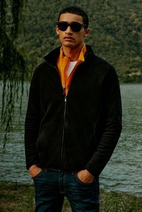 Altınyıldız Classics Erkek Siyah Anti-pilling Tüylenme Yapmayan Standart Fit Dik Bato Yaka Sweatshirt Polar Ceket görsel 8