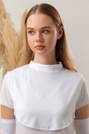 Melodi Scarf Kadın Tesettür Siyah Beyaz 2 Boyunluk Viskon Örme Düz Desenli Kolsuz Balıkçı Yaka görsel 3