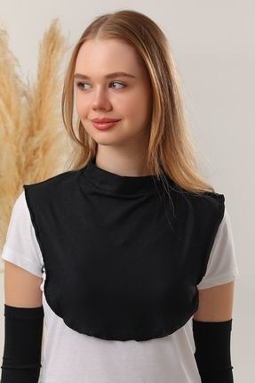 Melodi Scarf Kadın Tesettür Siyah Beyaz 2 Boyunluk Viskon Örme Düz Desenli Kolsuz Balıkçı Yaka görsel 5