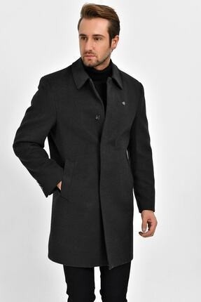 Dynamo Erkek Siyah Yün Karışımlı Kaşe Gömlek Yaka Palto Kalın Dokuma Astar ile Casual Stil