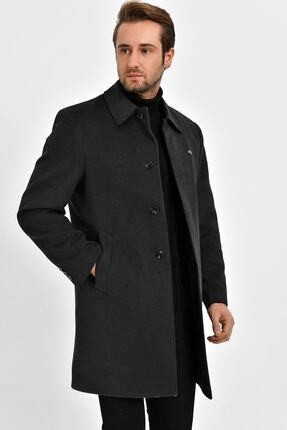 Dynamo Erkek Siyah Yün Karışımlı Kaşe Gömlek Yaka Palto Kalın Dokuma Astar ile Casual Stil görsel 2