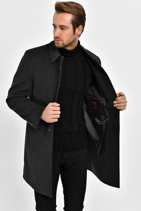 Dynamo Erkek Siyah Yün Karışımlı Kaşe Gömlek Yaka Palto Kalın Dokuma Astar ile Casual Stil görsel 3