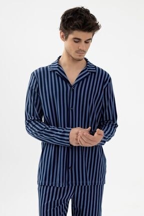 Koza İç Giyim Erkek Mavi Çizgili Pamuklu Kombinli Gömlek Yaka Pijama Takımı