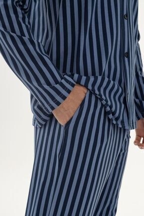 Koza İç Giyim Erkek Mavi Çizgili Pamuklu Kombinli Gömlek Yaka Pijama Takımı görsel 5