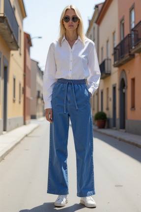 Enzim Jeans Kadın Wide Leg Normal Bel Pantolon Beli Lastikli Denim Düz Desen Konforlu Model görsel 3