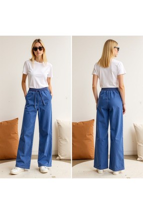 Enzim Jeans Kadın Wide Leg Normal Bel Pantolon Beli Lastikli Denim Düz Desen Konforlu Model görsel 6