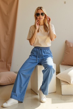 Enzim Jeans Kadın Wide Leg Normal Bel Pantolon Beli Lastikli Denim Düz Desen Konforlu Model görsel 7