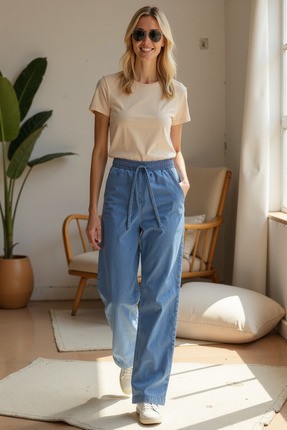 Enzim Jeans Kadın Wide Leg Normal Bel Pantolon Beli Lastikli Denim Düz Desen Konforlu Model görsel 8