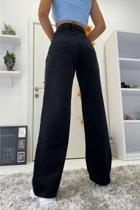 Livik Siyah Wide Leg Etkili Fermuarlı Süper Yüksek Bel Jeans Salaş Kot Pantolon ( Solmaz Kumaş) görsel 4