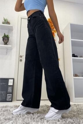Livik Siyah Wide Leg Etkili Fermuarlı Süper Yüksek Bel Jeans Salaş Kot Pantolon ( Solmaz Kumaş) görsel 6