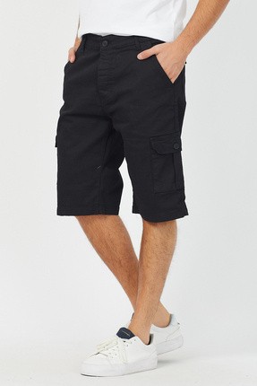 Tarz Cool Erkek Slim Fit Siyah Kargo Cep Likralı Şort Düz Desenli Yazlık Rahat Kesim görsel 7