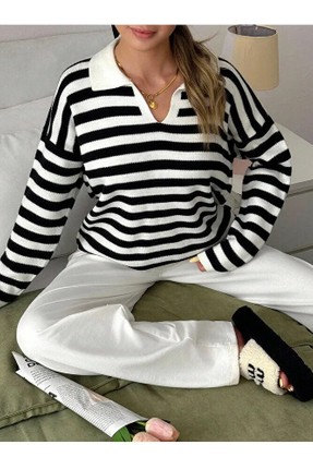 En Moda Kadın Polo Yaka Çizgili Triko Kazak görsel 6