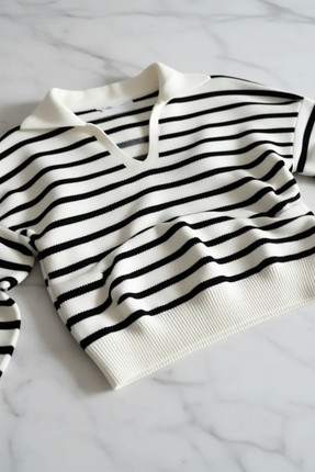 En Moda Kadın Polo Yaka Çizgili Triko Kazak görsel 8