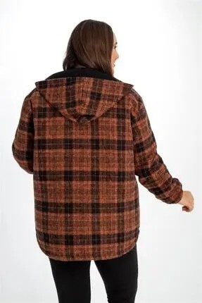 Roxxlen Kadın Kapüşonlu Ekose Kaban Kiremit Polyester Büyük Beden Casual Stil görsel 4