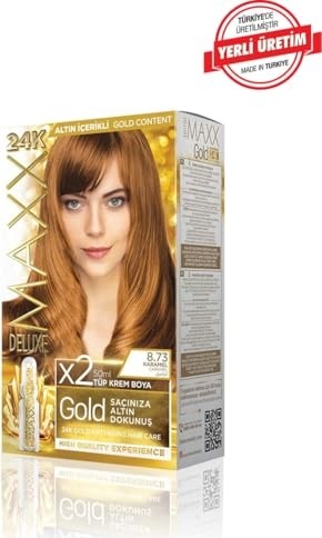 Aesco Maxx Deluxe Gold Serisi 24K Altın Parçacıklı Serum ile 1 Kutu 2 x 50 ml ve Geliştiriciler Saç Boyası (Karamel 8.73) görsel 3