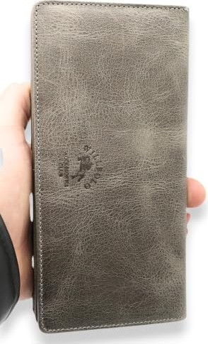 1001 Telefon Bölmeli Hakiki Crazy Deri Cüzdan, Mıknatıslı El Geçirmeli Uzun Portföy (Crazy Gri)