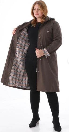 TUTveAL Collection Kadın Suya Dayanıklı Büyük Beden Trençkot Uzun Kapüşonlu Trençkot Bonded Kumaş Içi Ekoseli Trençkot görsel 2