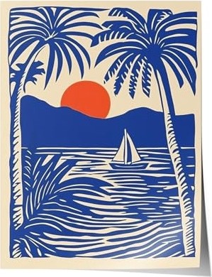 1001 Poster Mavi Turuncu Palmiye ve Yelkenli Salon Dekoru, 15 x 21 görsel 2