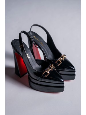 Ayakkabı Ateşi Pacha Siyah Rugan Kadın Yüksek Topuklu Ayakkabı Çift Platform Tasarım 15 cm Topuk Boyu