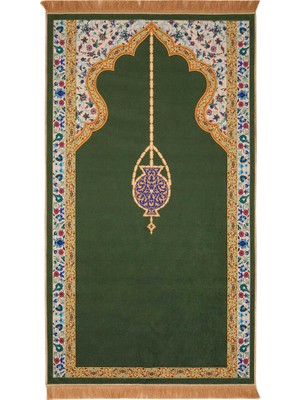 Bursa İpek Haki Kadife Halı Seccade Klasik Desenli 65 x 115 cm Ev Ofis Uyumlu Kullanım İçin