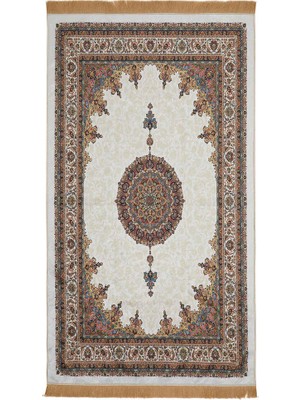 Bursa İpek Ekru Kadife Halı Seccade 65 x 115 cm Klasik Desen ile Şık ve Rahat Kullanım Sunar