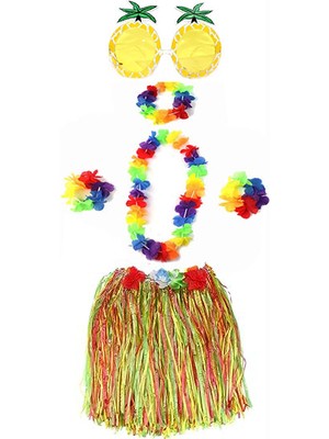 Futax Yetişkin ve Çocuk Uyumlu Luau Aloha Hawaii Rengarenk 40 cm Etek Ananas Şekilli Gözlük Hawaii Kolye Renkli Taç ve 2 Adet Bileklik Seti (5690)