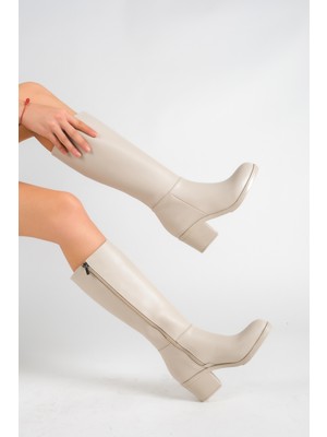 Mubiano MBHSN7072-BJ Kadın Bej Kalın Topuklu Fermuarlı Uzun Çizme