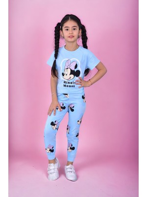 Lolli Boom Kids  Kız Çocuk Mickey Minnie Baskılı Ribana Paça Alt T-Shirt 2'Li Takım