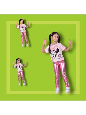 Lolli Boom Kids  Kız Çocuk Metalik Pembe Renktaytlı Mickey Baskı T-Shirt 2'Li Takım