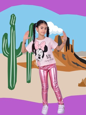 Lolli Boom Kids  Kız Çocuk Metalik Pembe Renktaytlı Mickey Baskı T-Shirt 2'Li Takım