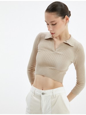 Koton Crop Triko Kazak Polo Yaka Slim Fit Fitilli