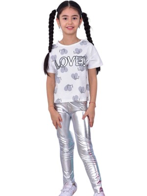 Lolli Boom Kids  Kız Çocuk Metalik Lame Gümüş Renktaytlı Love Baskı T-Shirt 2'Li Takım