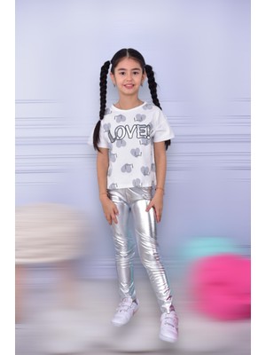 Lolli Boom Kids  Kız Çocuk Metalik Lame Gümüş Renktaytlı Love Baskı T-Shirt 2'Li Takım