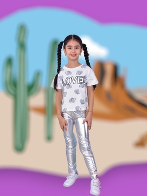 Lolli Boom Kids  Kız Çocuk Metalik Lame Gümüş Renktaytlı Love Baskı T-Shirt 2'Li Takım