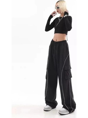 Violon Kargo Cepli Çizgi Detaylı Siyah Wide Leg Tracksuit