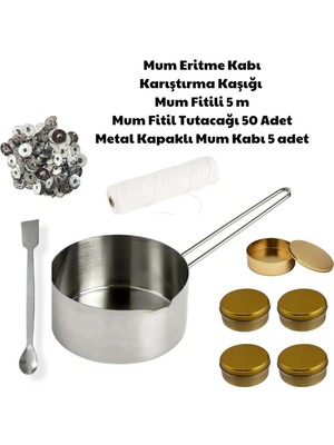 Adin Tasarım Mum Yapım Seti Mum Eritme Kabı 750 ml Parafin Karıştırma Kaşığı Mum Fitili Tutacağı Mum Kabı Gold