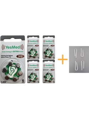 Yesmed Extra Power 312 Numara Işitme Cihazı Pili (5 Paket x 6 Adet = 30 Adet Pil) + Hediye Işitme Cihazı Hortumu (4 Adet, Orta-Standart Olan Kıvrılmış Hortum), Yesmed