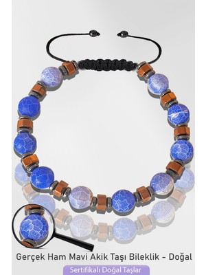 Tesbih Atölyesi Sertifikalı Silver Hematitli Doğal Mavi Akik Taşı Bileklik - Ayarlamalı